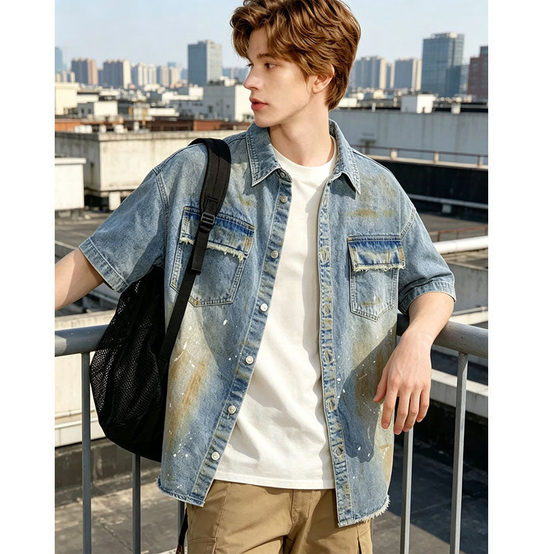 Oversized Denim Camisa Men Vintage Distressed Corto Manga Streetwear Jean Top Ready To Ship From US - foto 4