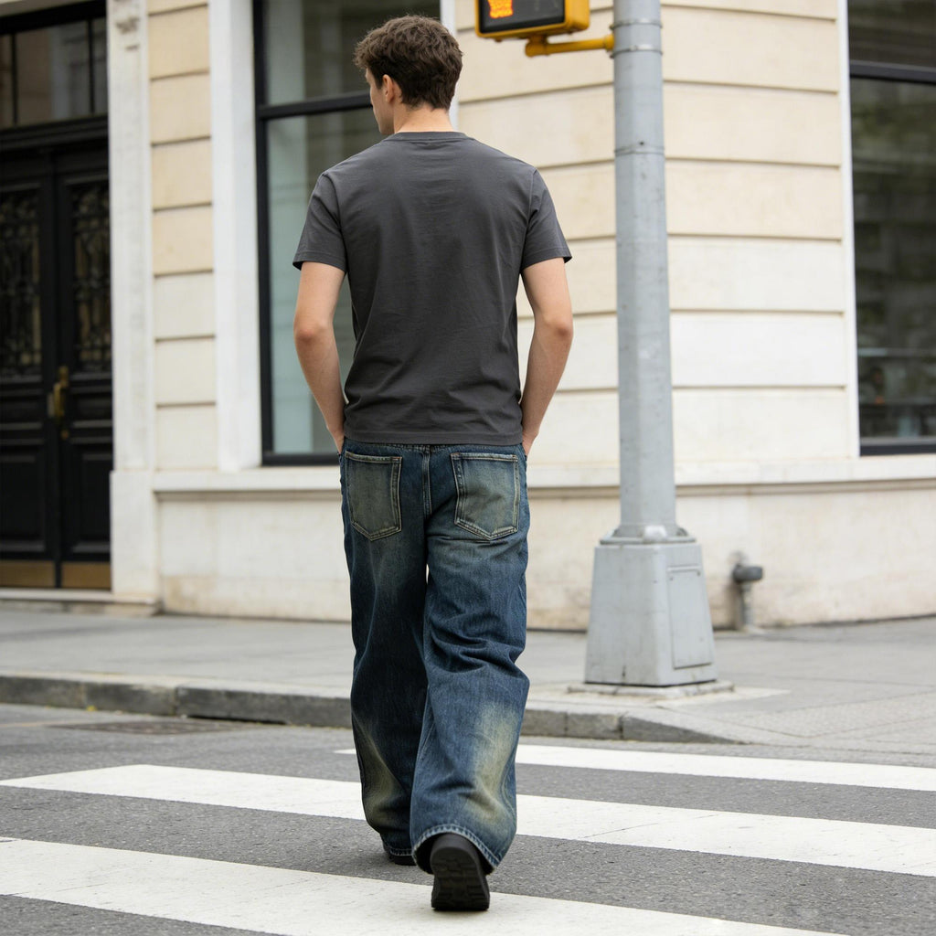 Hombre Retro Lavado Pierna Ancha Ajuste Suelto Denim Jeans - foto 4