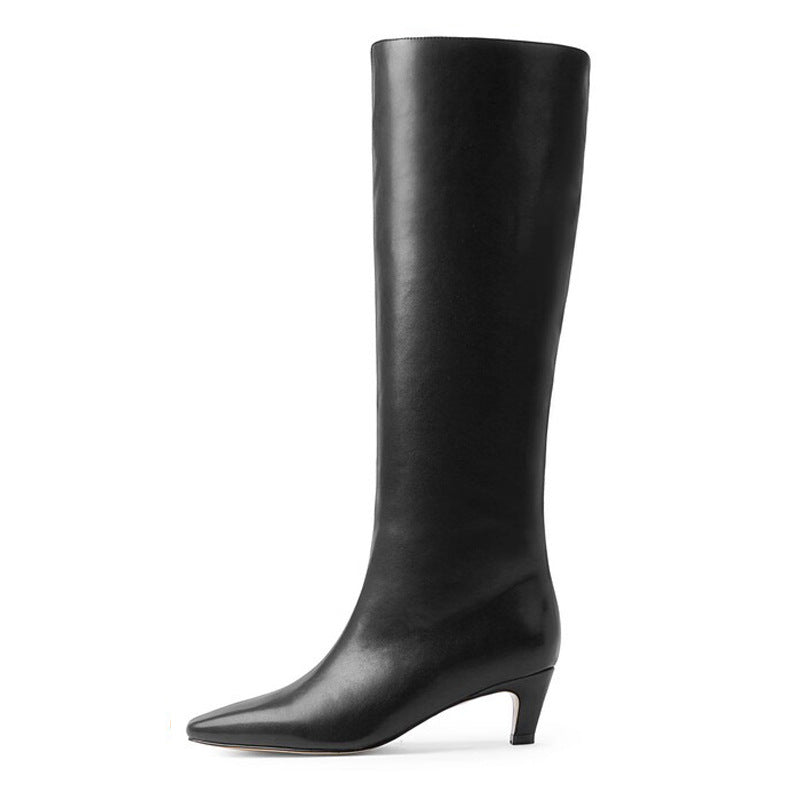 French Minimalist-Estilo Square-toe Kitten-heel Over-the-knee Straight-leg Leather Booties