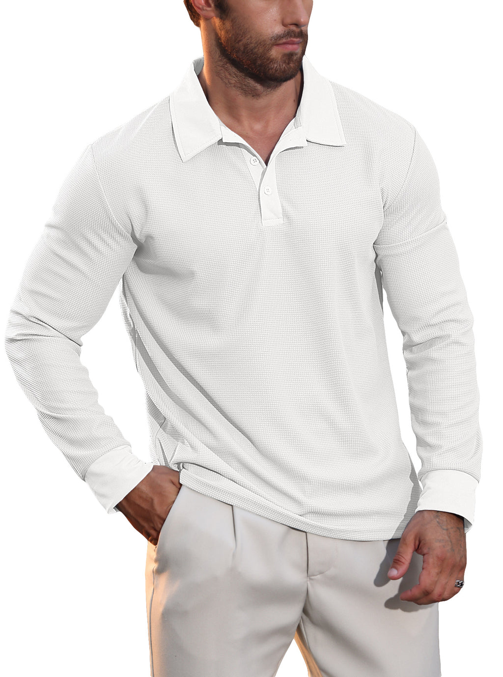 Nuevo Cross-Border Europeo y American Otoño Nuevo Hombre Waffle Collar Polo Camisa American Casual Vacation Manga Larga Camiseta - foto 6