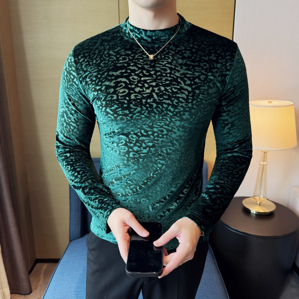Velvet Leopard Print Jacquard Half-High Collar Manga Larga Camiseta - foto 5