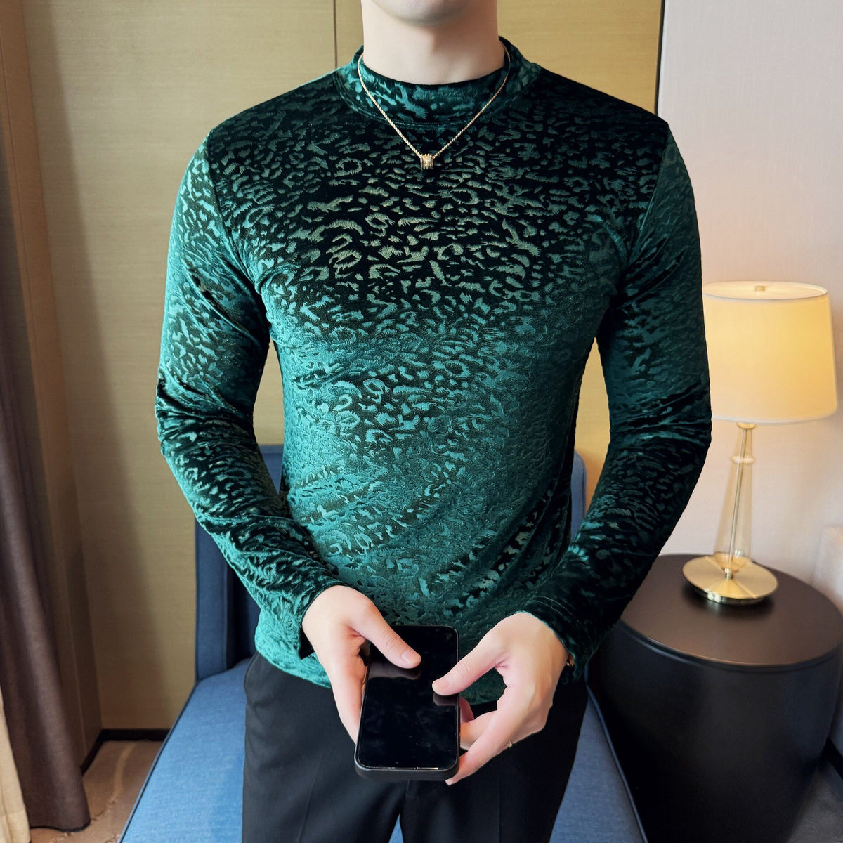 Velvet Leopard Print Jacquard Half-High Collar Manga Larga Camiseta - foto 5