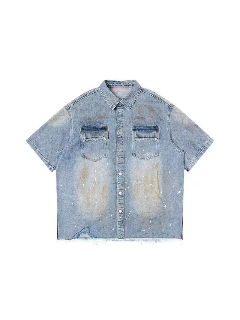 Oversized Denim Camisa Men Vintage Distressed Corto Manga Streetwear Jean Top Ready To Ship From US