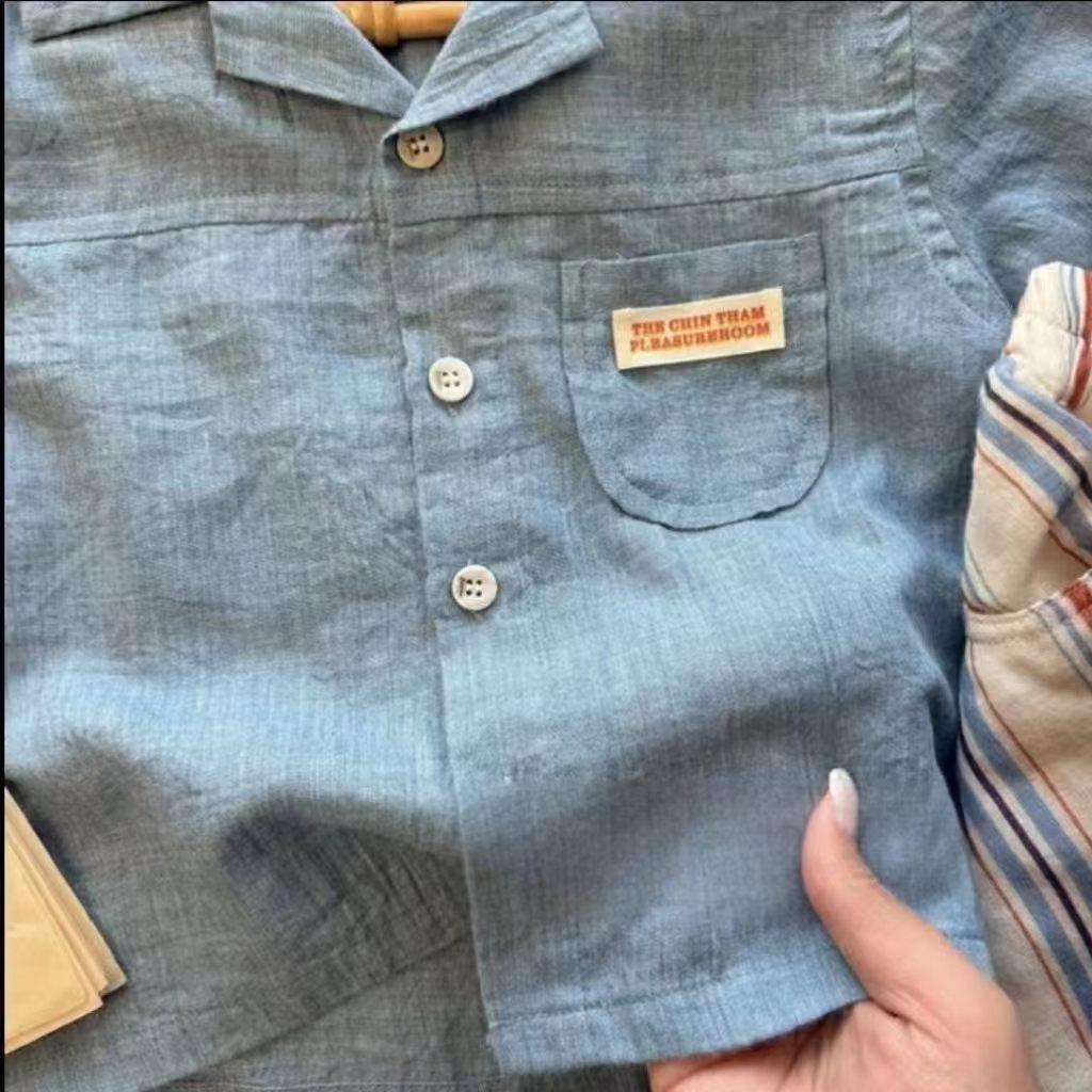 Niño Algodón-linen Manga Corta Camisa y Vertical-Rayado Shorts Conjunto de Dos Piezas - foto 5