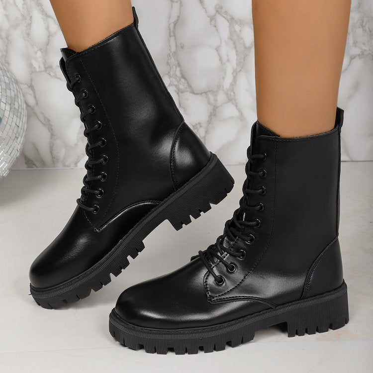 Square Toe Cuero PU Lace Up Shoes - Mujer Casual Flat Loafers para Daily Wear - foto 5
