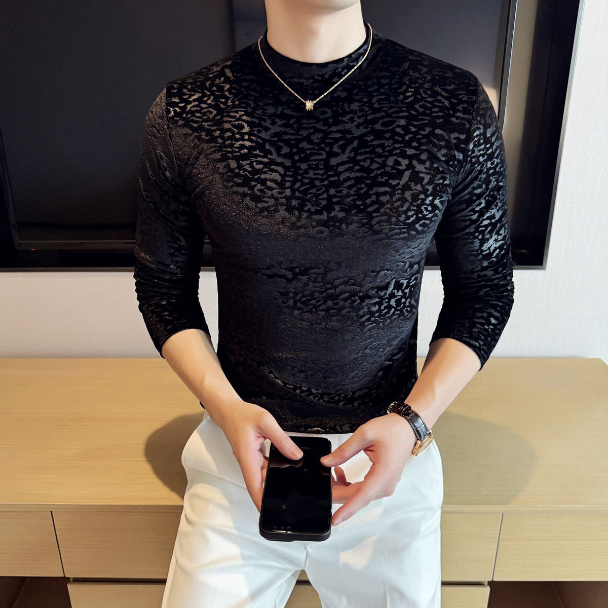 Velvet Leopard Print Jacquard Half-High Collar Manga Larga Camiseta