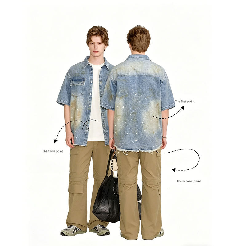 Oversized Denim Camisa Men Vintage Distressed Corto Manga Streetwear Jean Top Ready To Ship From US - foto 5