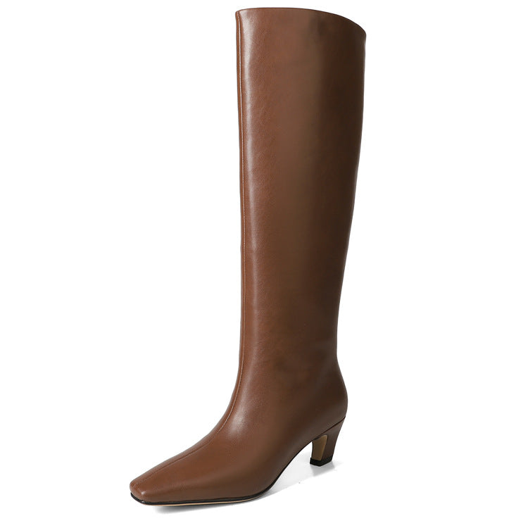French Minimalist-Estilo Square-toe Kitten-heel Over-the-knee Straight-leg Leather Booties - foto 6