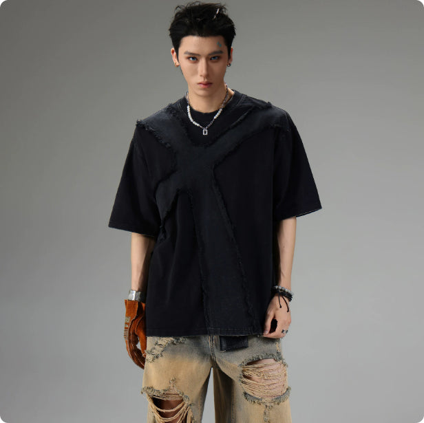 Frayed Vintage Distressed Suelto Corto Manga Top