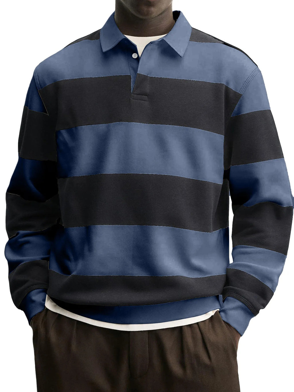 Spring y Otoño Nuevo Amazon Independent Store Hombre Largo Manga Rayado Camiseta Casual Versátil Suelto Fit Cuello Camisero Top - foto 6