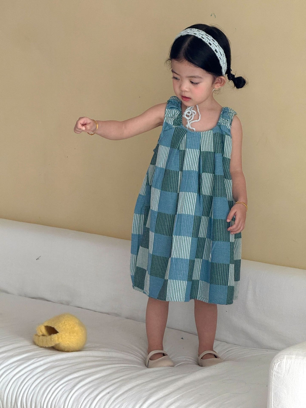 Niños Manga Corta Plaid Vestido Conjunto - foto 4