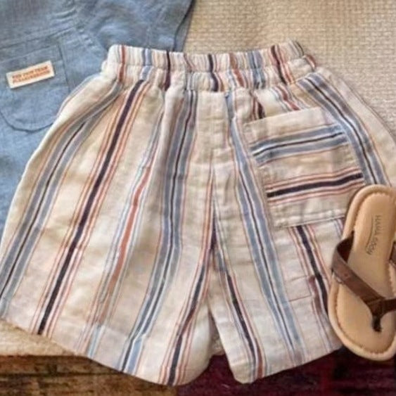 Niño Algodón-linen Manga Corta Camisa y Vertical-Rayado Shorts Conjunto de Dos Piezas - foto 7