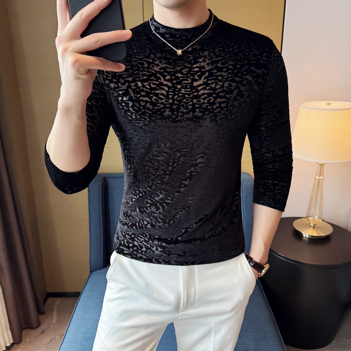 Velvet Leopard Print Jacquard Half-High Collar Manga Larga Camiseta - foto 2