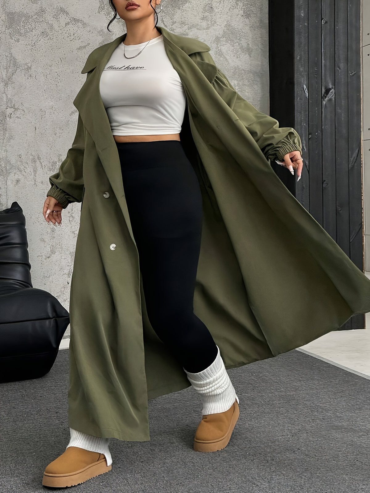Gabardina cruzada manga larga con cinturón