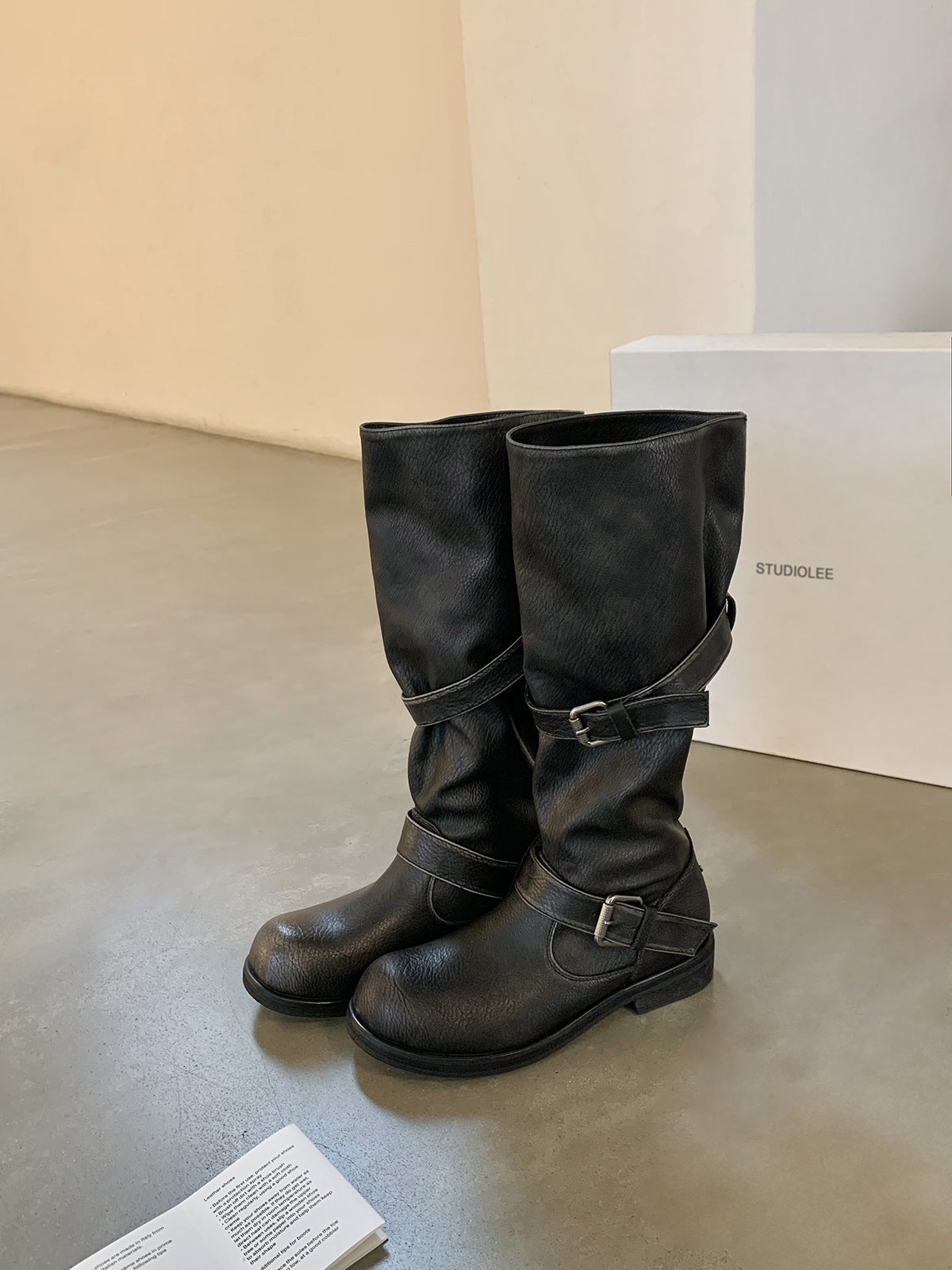 Wide-calf Round-toe Color-block Suela Gruesa-heeled Plataforma Bota