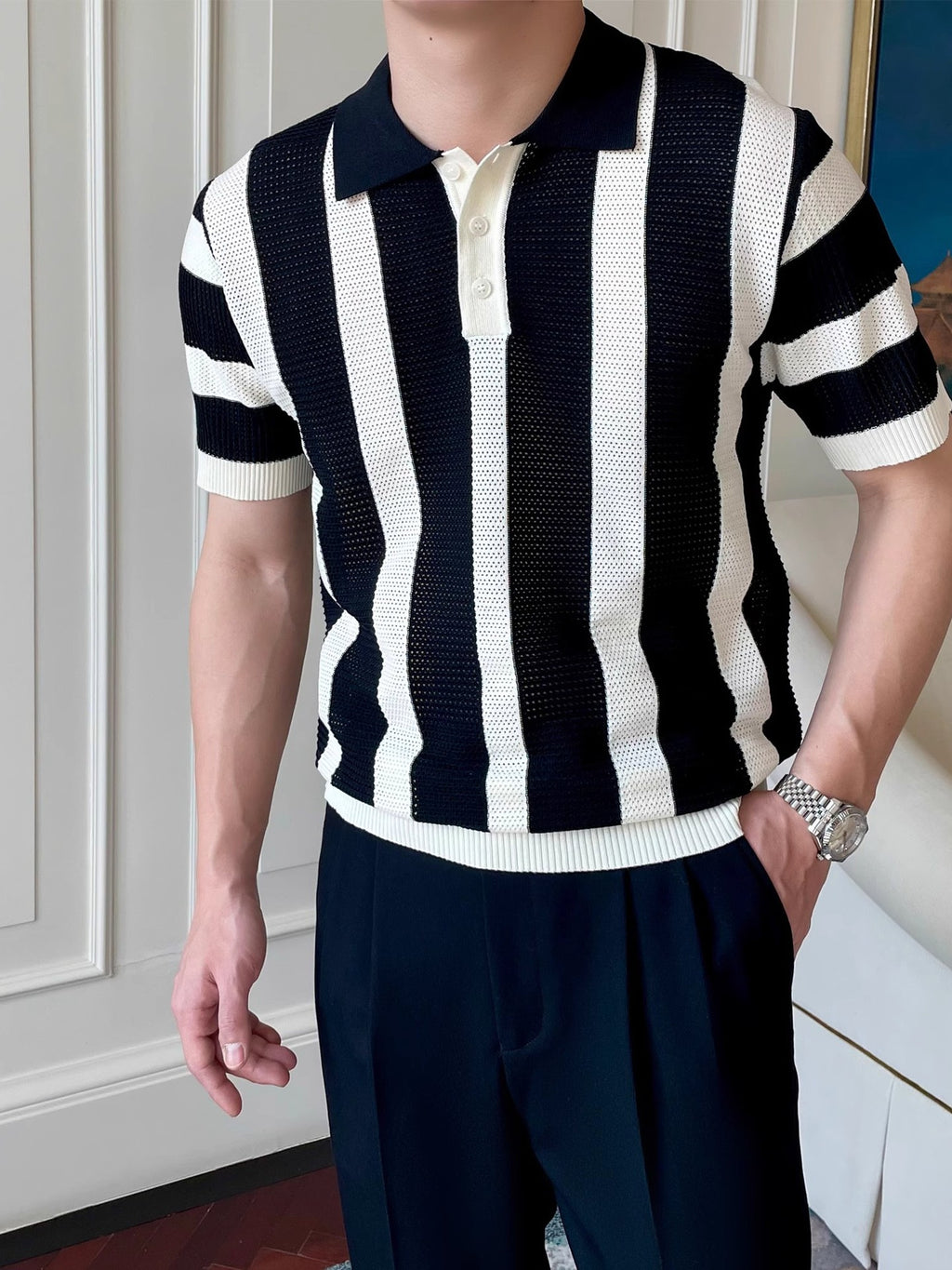 Polera polo tejida a rayas para hombre - foto 6
