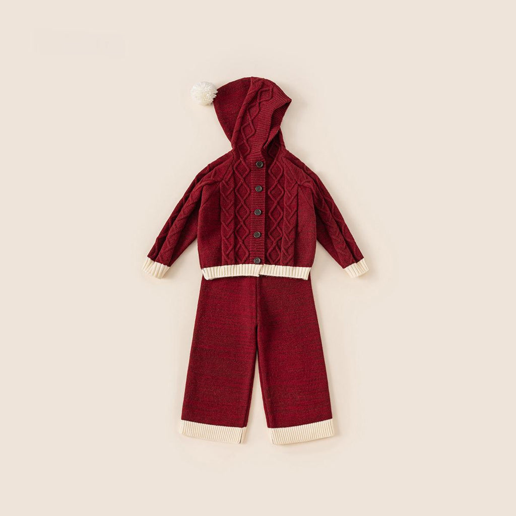 Niña Tejido Conjunto Red Otoño-Invierno Hooded Cárdigan y Sweater Pantalón - foto 2