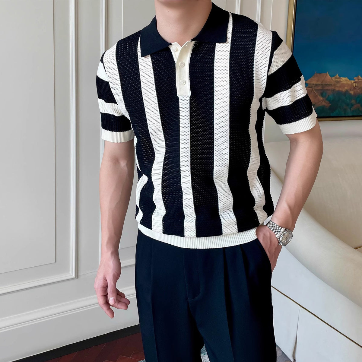 Polera polo tejida a rayas para hombre