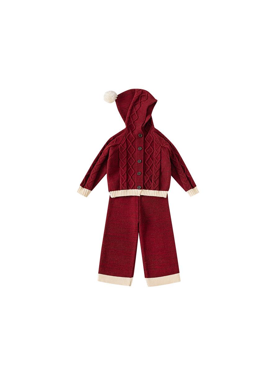 Niña Tejido Conjunto Red Otoño-Invierno Hooded Cárdigan y Sweater Pantalón - foto 3