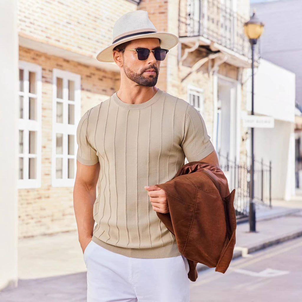 Hombre Verano Corto Manga Tejido Camiseta - Crew Neck Vertical Rayado Casual Top - foto 7