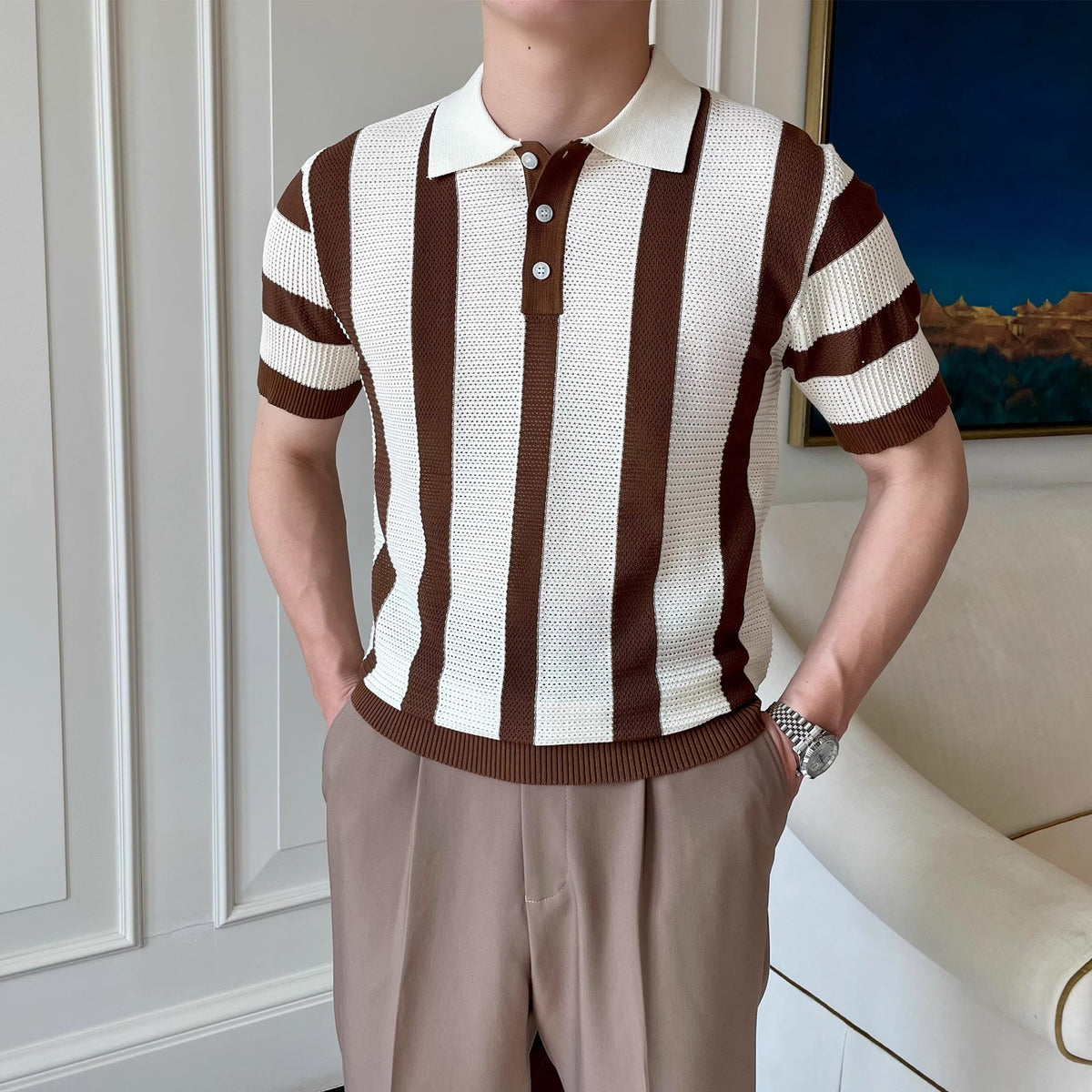 Polera polo tejida a rayas para hombre - foto 4