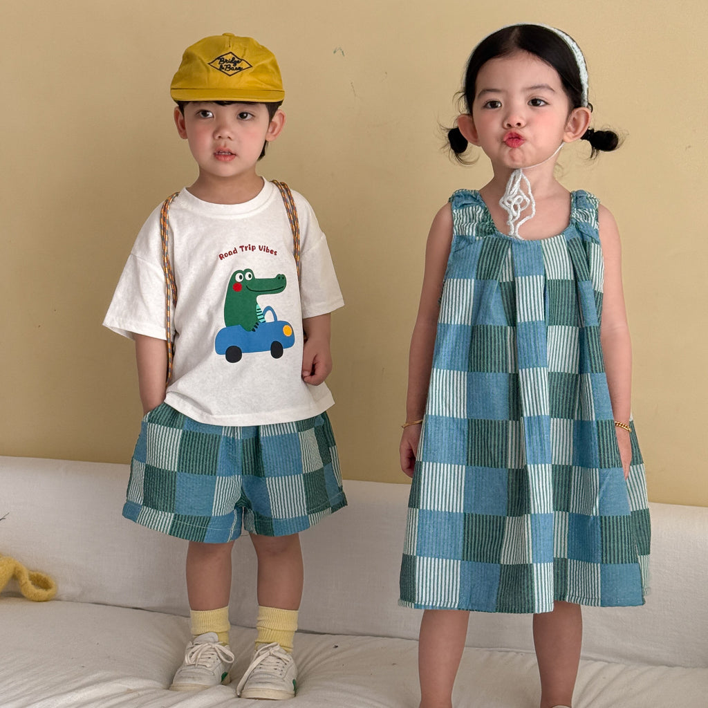 Niños Manga Corta Plaid Vestido Conjunto - foto 3