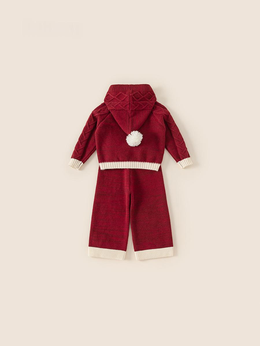 Niña Tejido Conjunto Red Otoño-Invierno Hooded Cárdigan y Sweater Pantalón