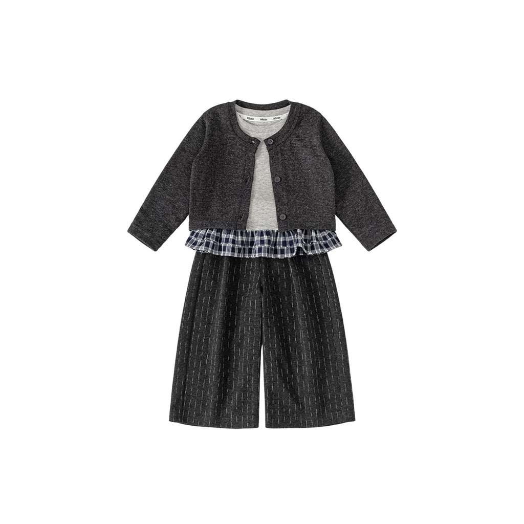 Lace-trimmed Color Sólido Cárdigan y Pierna Ancha Pantalón Three-piece Niña Conjunto