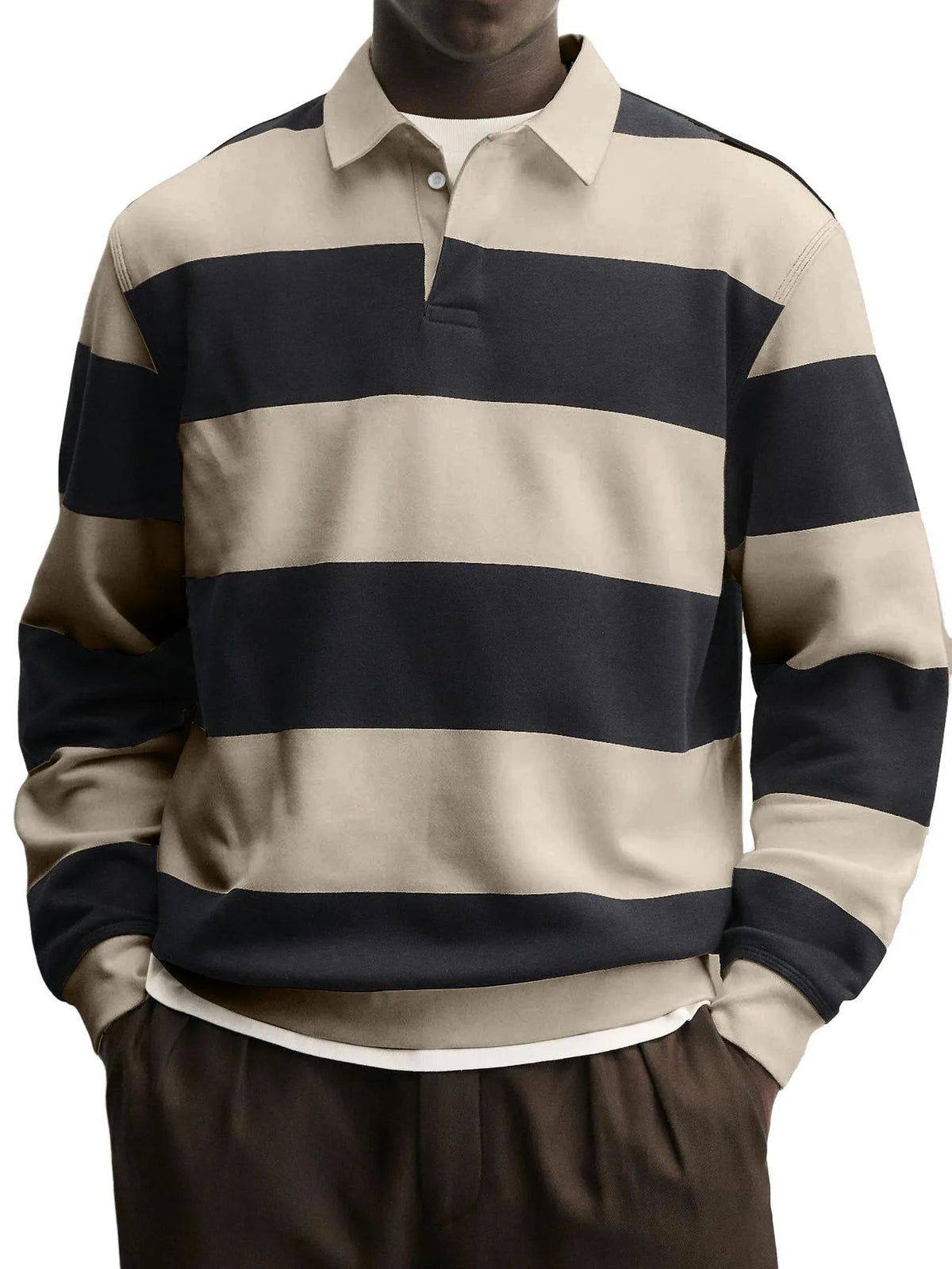 Spring y Otoño Nuevo Amazon Independent Store Hombre Largo Manga Rayado Camiseta Casual Versátil Suelto Fit Cuello Camisero Top - foto 8