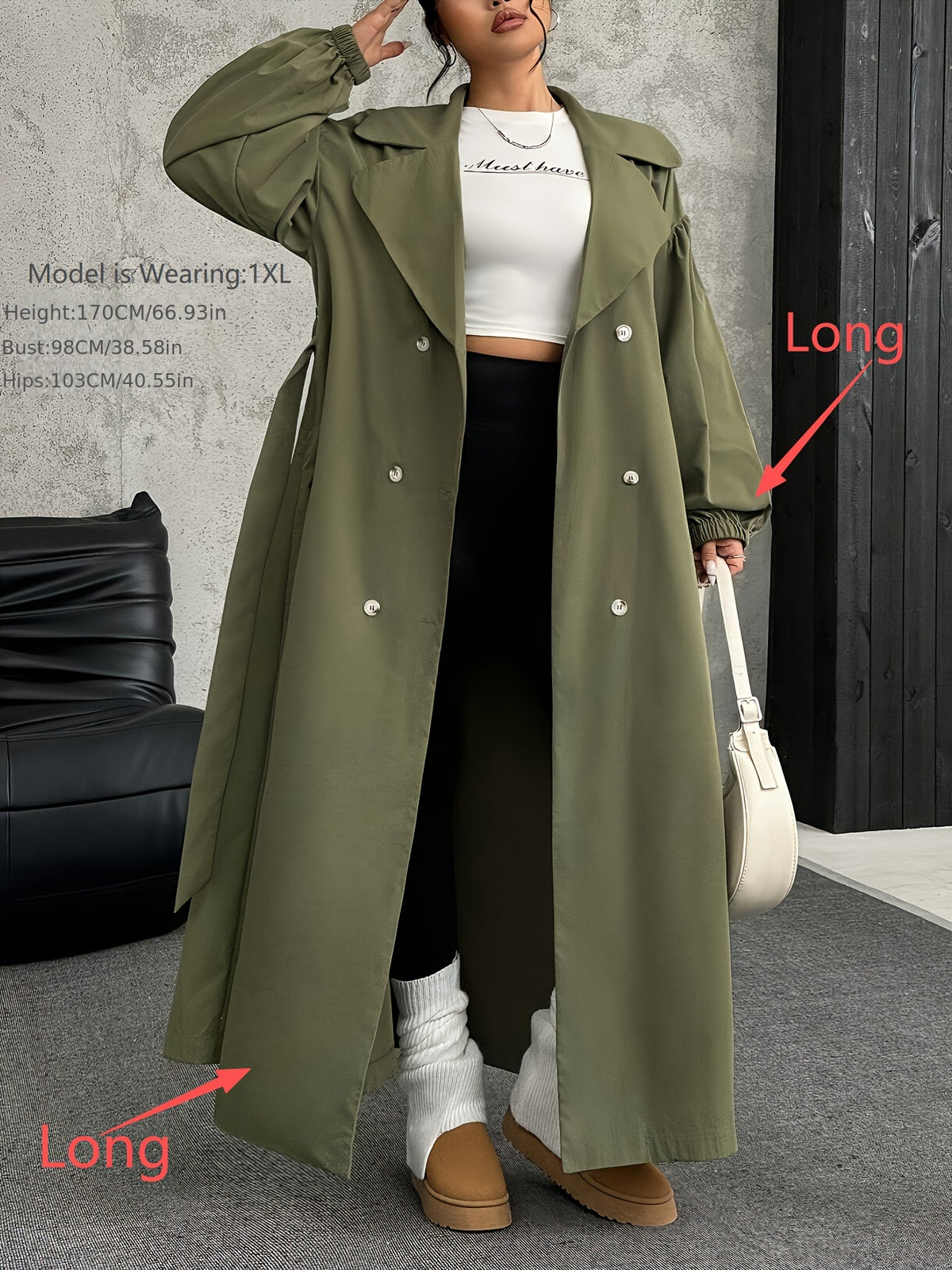 Gabardina cruzada manga larga con cinturón - foto 4