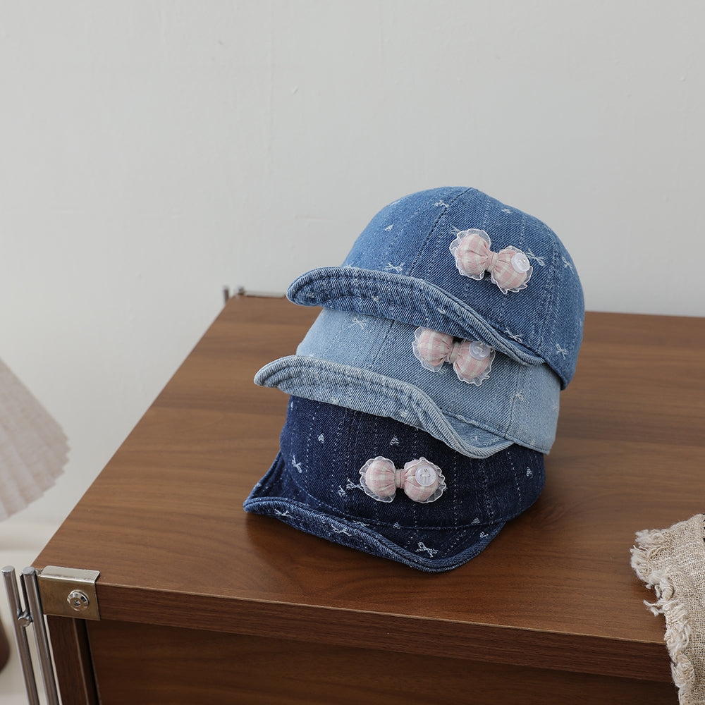 Rayado Lace Bow Niña Denim Baseball Cap, Baby-sized, Lavado, Jacquard, Frayed, Heart-shaped Soft Brim Hat - foto 6