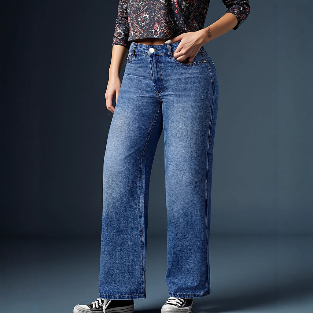 Pantalón de mezclilla retro multicolor elasticado pata ancha para mujer - foto 2