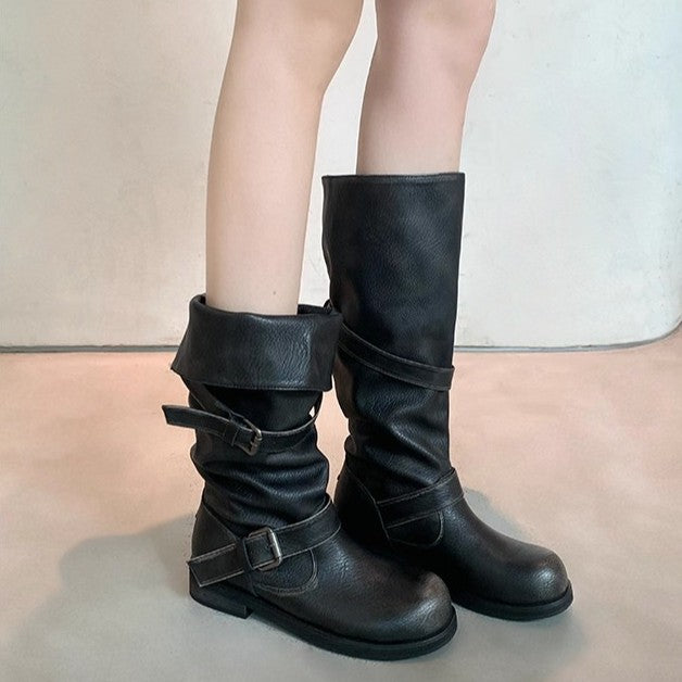 Wide-calf Round-toe Color-block Suela Gruesa-heeled Plataforma Bota - foto 6