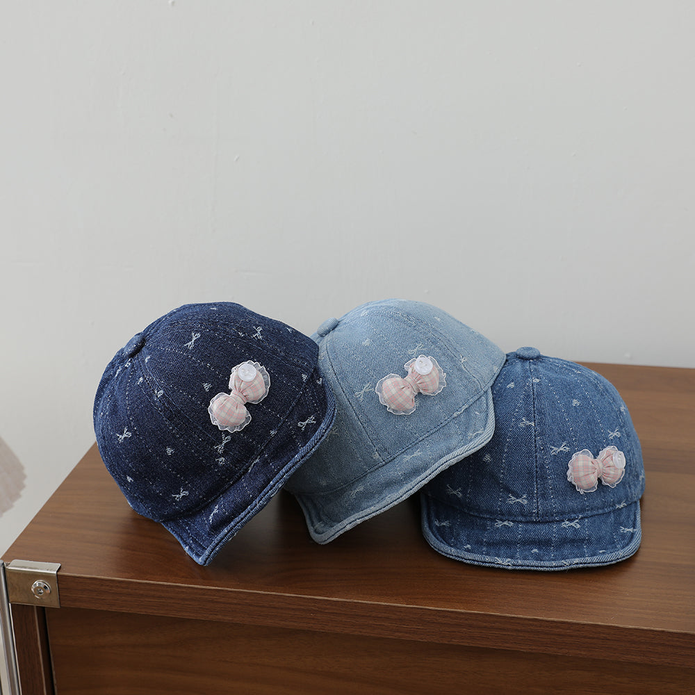 Rayado Lace Bow Niña Denim Baseball Cap, Baby-sized, Lavado, Jacquard, Frayed, Heart-shaped Soft Brim Hat - foto 8