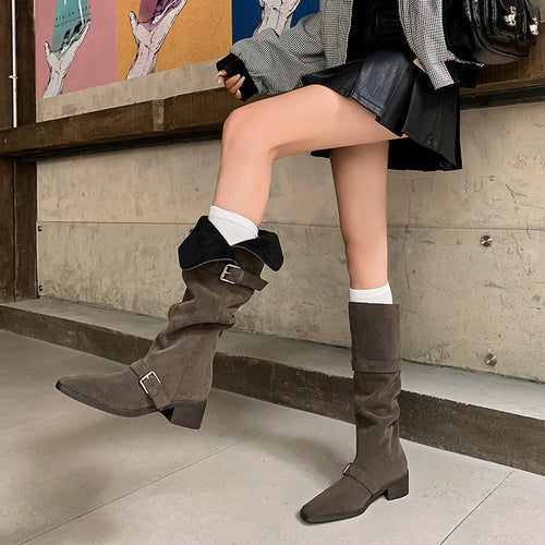 Botas texanas retro de cuero con hebilla y taco grueso para mujer