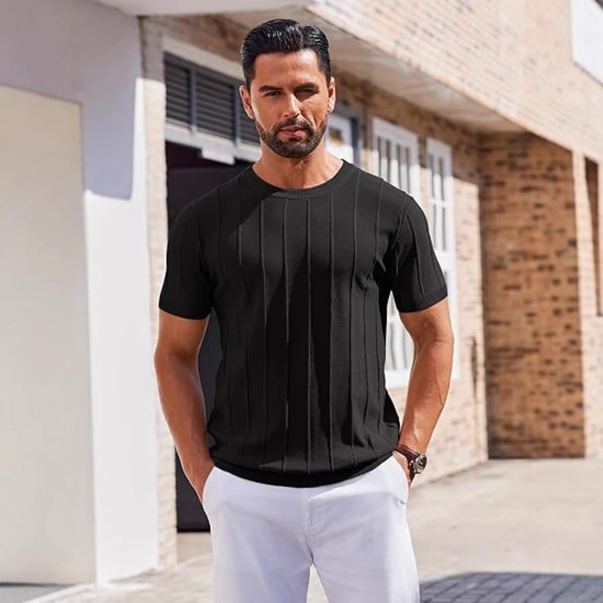 Hombre Verano Corto Manga Tejido Camiseta - Crew Neck Vertical Rayado Casual Top - foto 5