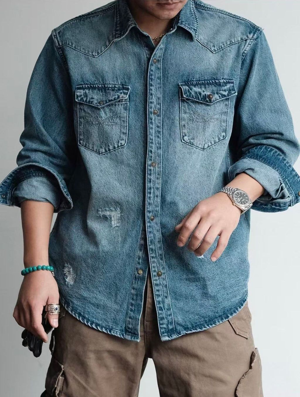 Camisa vaquera de mezclilla manga larga para hombre - foto 3