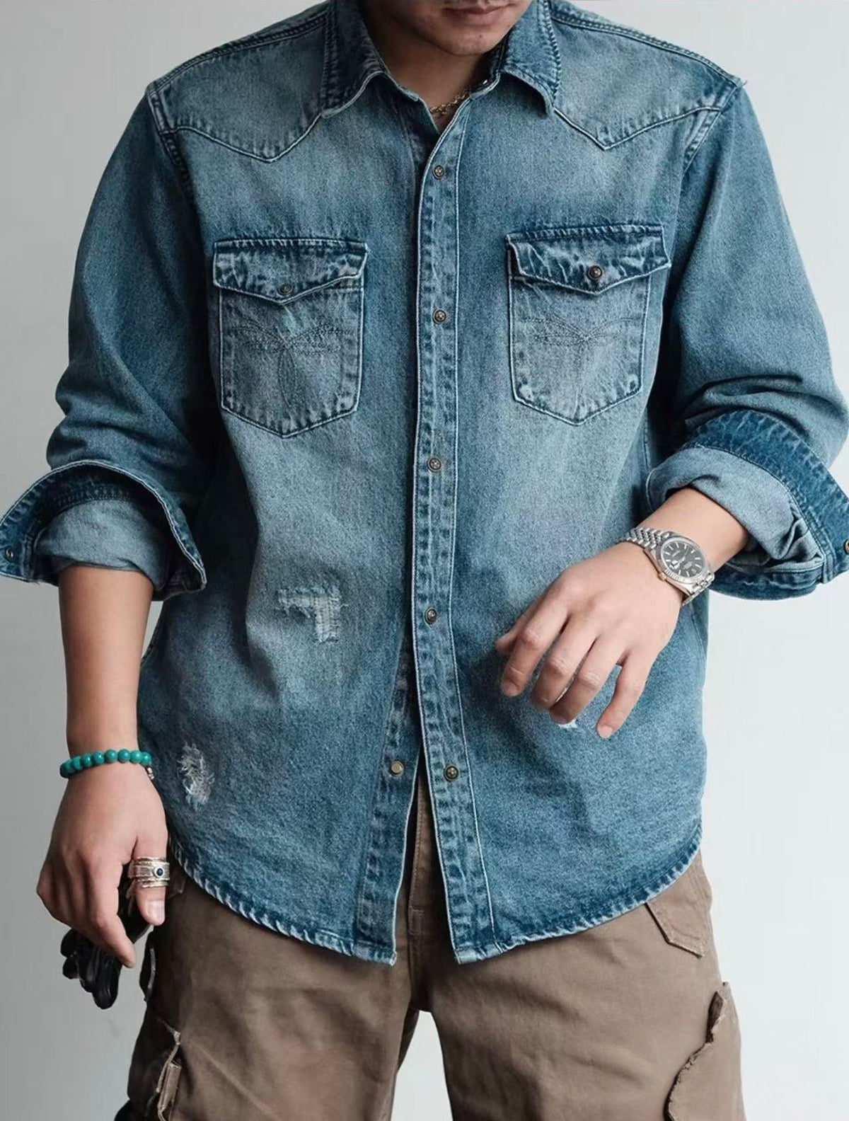 Camisa vaquera de mezclilla manga larga para hombre - foto 3