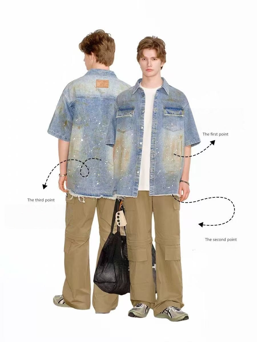 Oversized Denim Camisa Men Vintage Distressed Corto Manga Streetwear Jean Top Ready To Ship From US - foto 3