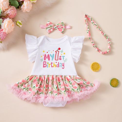 Birthday Conjunto Flutter-Manga Romper Crawling Traje PP Pantalón y Bow Headband Conjunto