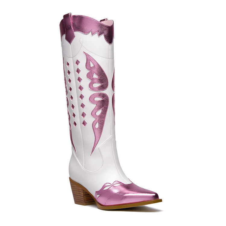 Botas texanas en punta con taco grueso y bordado bicolor