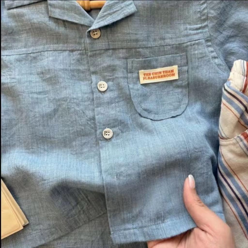 Niño Algodón-linen Manga Corta Camisa y Vertical-Rayado Shorts Conjunto de Dos Piezas - foto 8