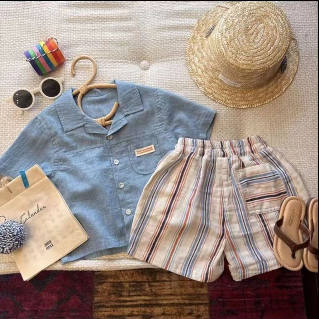 Niño Algodón-linen Manga Corta Camisa y Vertical-Rayado Shorts Conjunto de Dos Piezas - foto 2