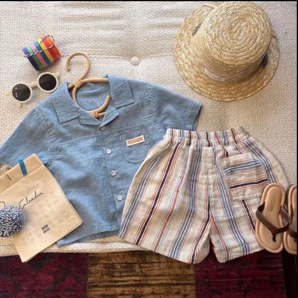 Niño Algodón-linen Manga Corta Camisa y Vertical-Rayado Shorts Conjunto de Dos Piezas - foto 2