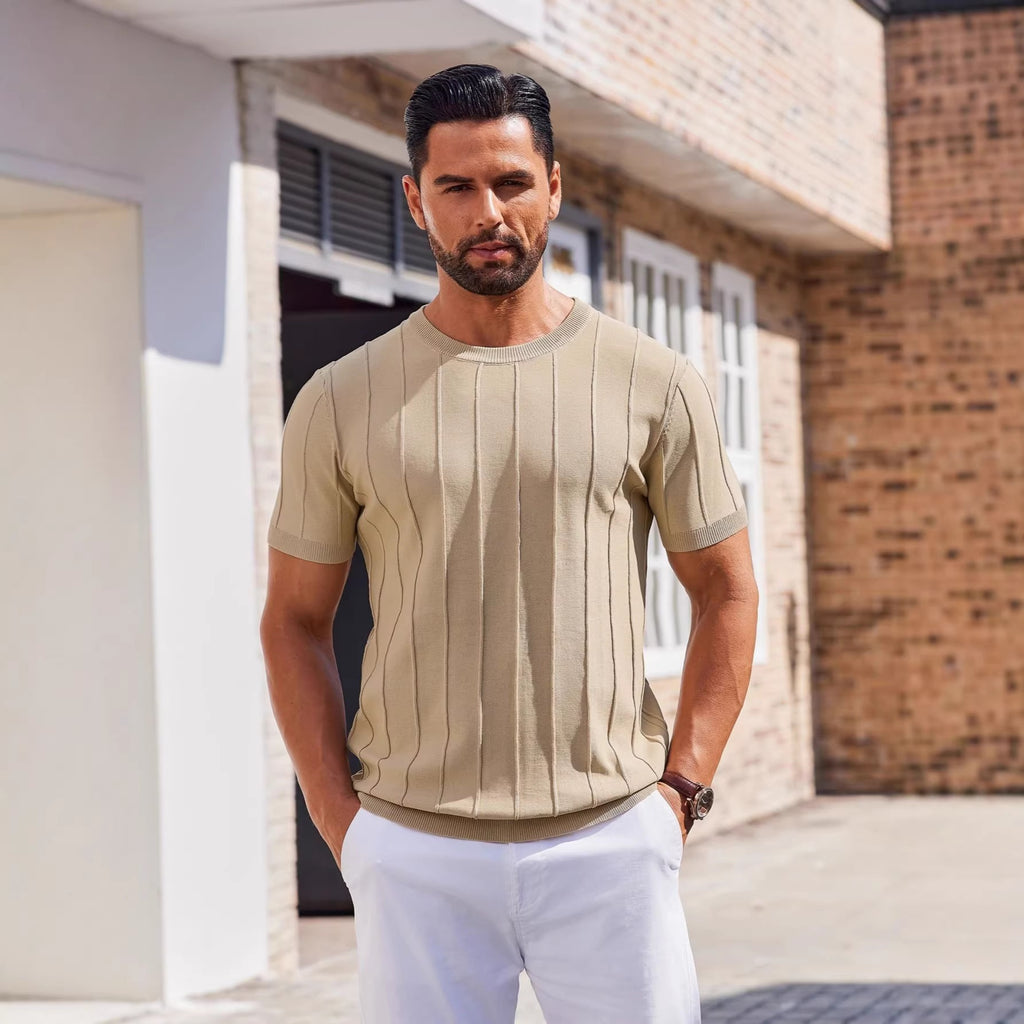 Hombre Verano Corto Manga Tejido Camiseta - Crew Neck Vertical Rayado Casual Top - foto 6