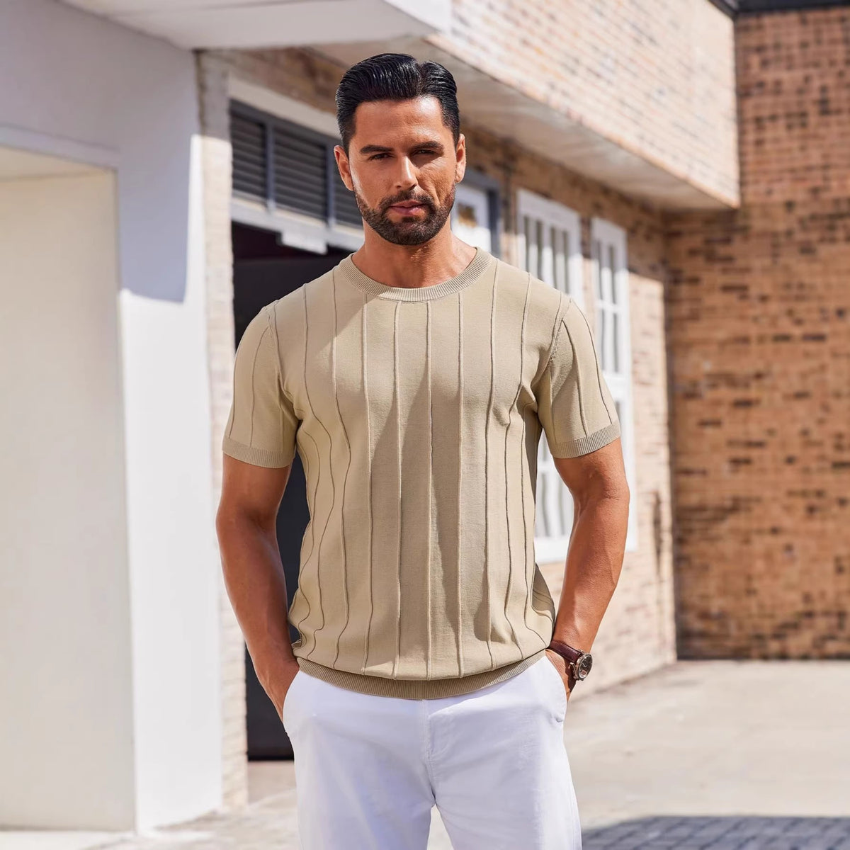 Hombre Verano Corto Manga Tejido Camiseta - Crew Neck Vertical Rayado Casual Top - foto 6