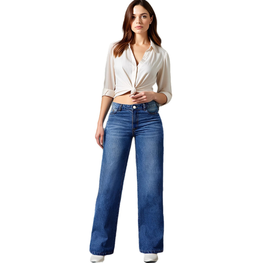 Pantalón de mezclilla retro multicolor elasticado pata ancha para mujer - foto 3