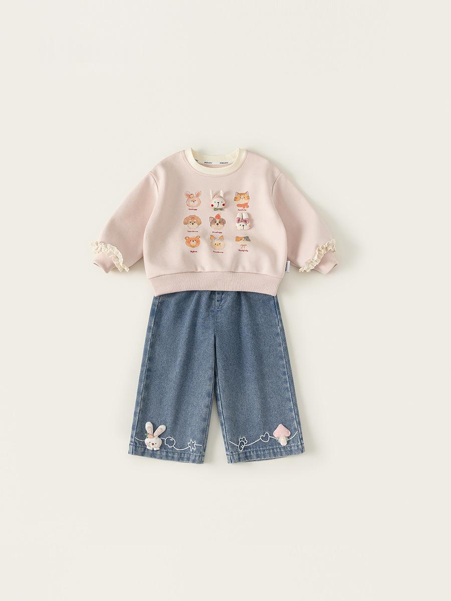 Niños Cartoon Cuello Redondo Hoodie y Bunny Jeans Conjunto de Dos Piezas