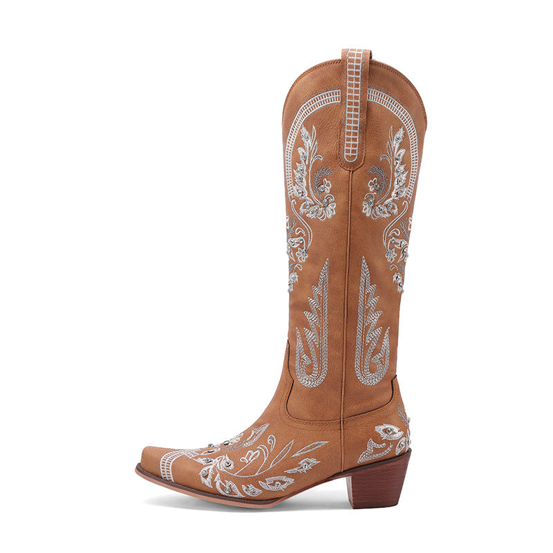 Mujer Bordado Rhinestone Suela Gruesa High-Heel Botas