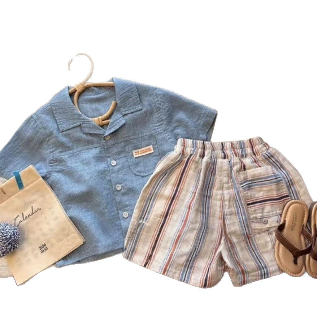 Niño Algodón-linen Manga Corta Camisa y Vertical-Rayado Shorts Conjunto de Dos Piezas